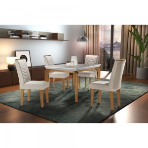 Mesa de Jantar Londrina 120 cm c/ 4 cadeiras Bege – Vidro Off White / Imbuia